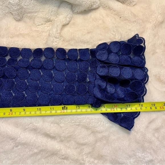 Trina Turk Dress Medium Navy Blue Mini Long Slvs Lace Dots Ruffle Neckline Cuffs - Picture 16 of 16